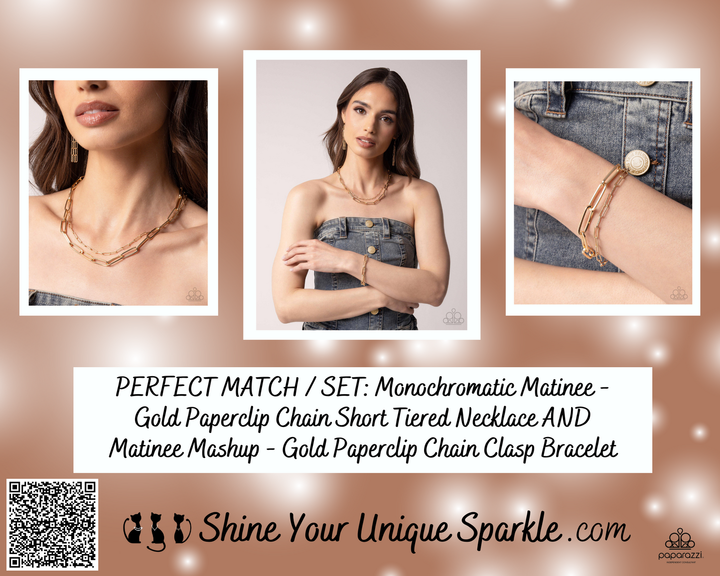 PERFECT MATCH / SET: Monochromatic Matinee - Gold Paperclip Chain Short Tiered Necklace AND Matinee Mashup - Gold Paperclip Chain Clasp Bracelet