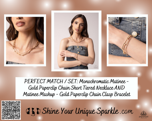 PERFECT MATCH / SET: Monochromatic Matinee - Gold Paperclip Chain Short Tiered Necklace AND Matinee Mashup - Gold Paperclip Chain Clasp Bracelet