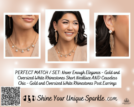 PERFECT MATCH / SET: Never Enough Elegance - Gold and Oversized White Rhinestones Short Necklace AND Ceaseless Chic - Gold and Oversized White Rhinestones Post Earrings