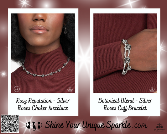 PERFECT MATCH / SET: Rosy Reputation - Silver Roses Choker Necklace AND Botanical Blend - Silver Roses Cuff Bracelet