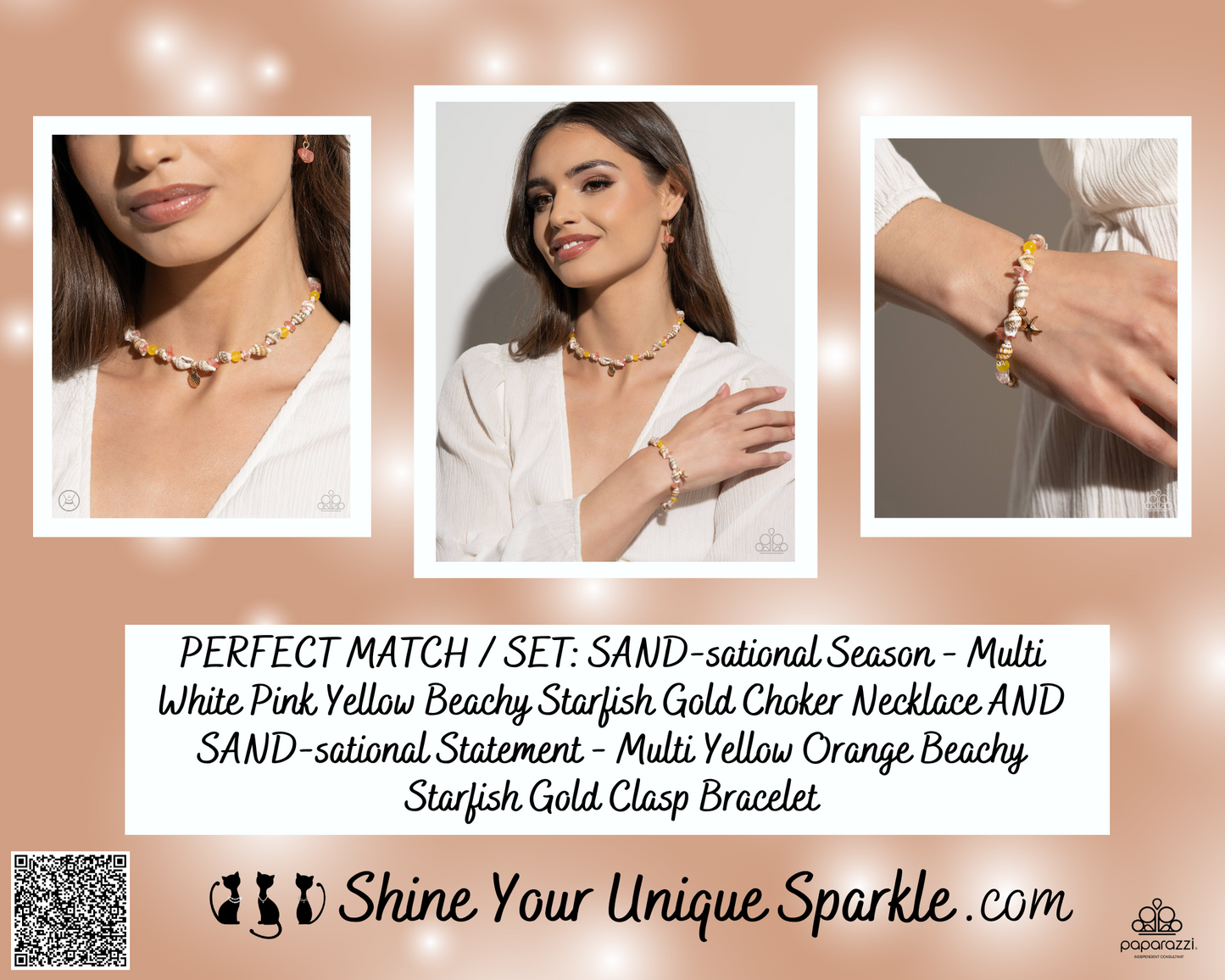 PERFECT MATCH / SET: SAND-sational Season - Multi White Pink Yellow Beachy Starfish Gold Choker Necklace AND SAND-sational Statement - Multi Yellow Orange Beachy Starfish Gold Clasp Bracelet