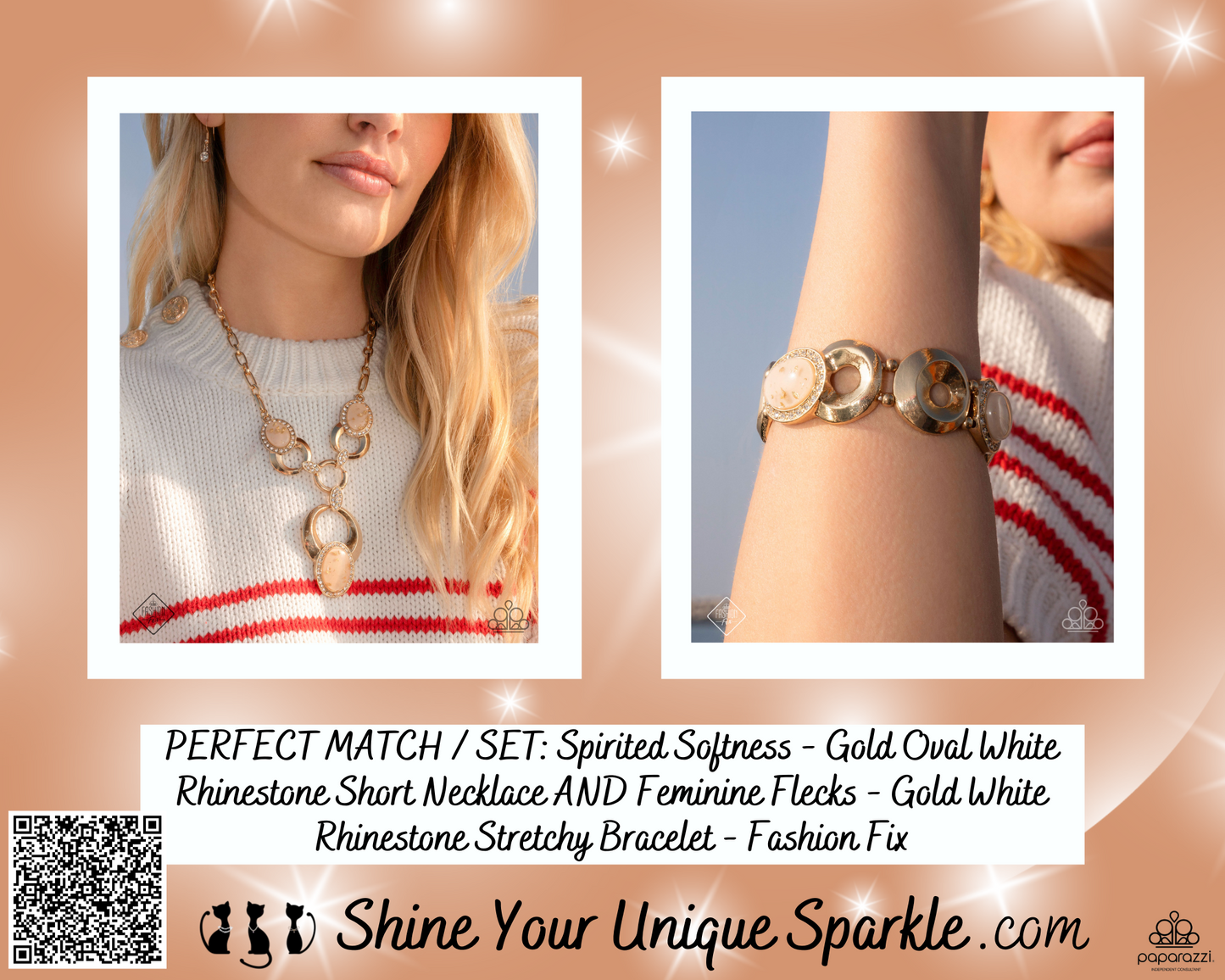 PERFECT MATCH / SET: Spirited Softness - Gold Oval White Rhinestone Short Necklace AND Feminine Flecks - Gold White Rhinestone Stretchy Bracelet - Fashion Fix