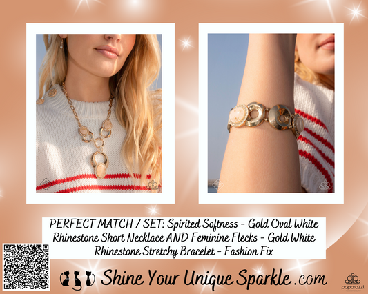 PERFECT MATCH / SET: Spirited Softness - Gold Oval White Rhinestone Short Necklace AND Feminine Flecks - Gold White Rhinestone Stretchy Bracelet - Fashion Fix