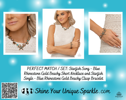 PERFECT MATCH / SET: Starfish Song - Blue Rhinestone Gold Beachy Short Necklace and Starfish Single - Blue Rhinestone Gold Beachy Clasp Bracelet