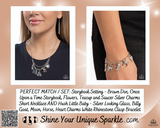 PERFECT MATCH / SET: Storybook Setting - Brown Doe, Once Upon a Time Storybook, Flowers, Teacup and Saucer Silver Charms Short Necklace AND Hush Little Baby - Silver Looking Glass, Billy Goat, Moon, Horse, Heart Charms White Rhinestone Clasp Bracelet