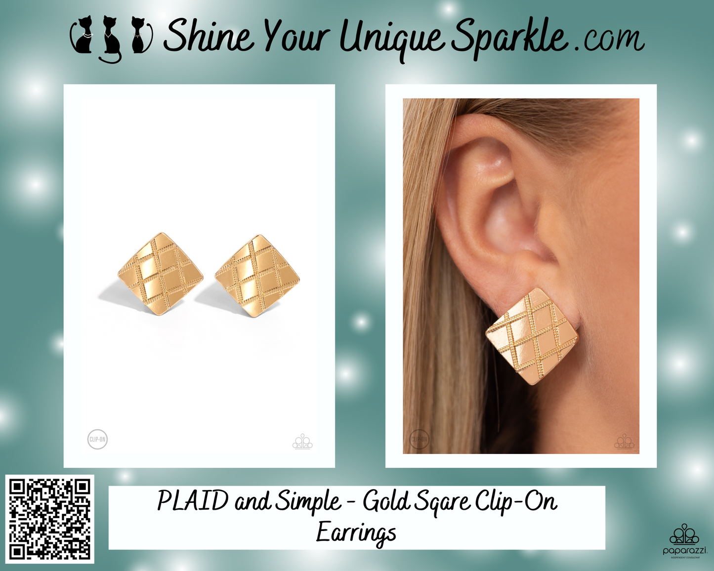 PLAID and Simple - Gold Sqare Clip-On Earrings