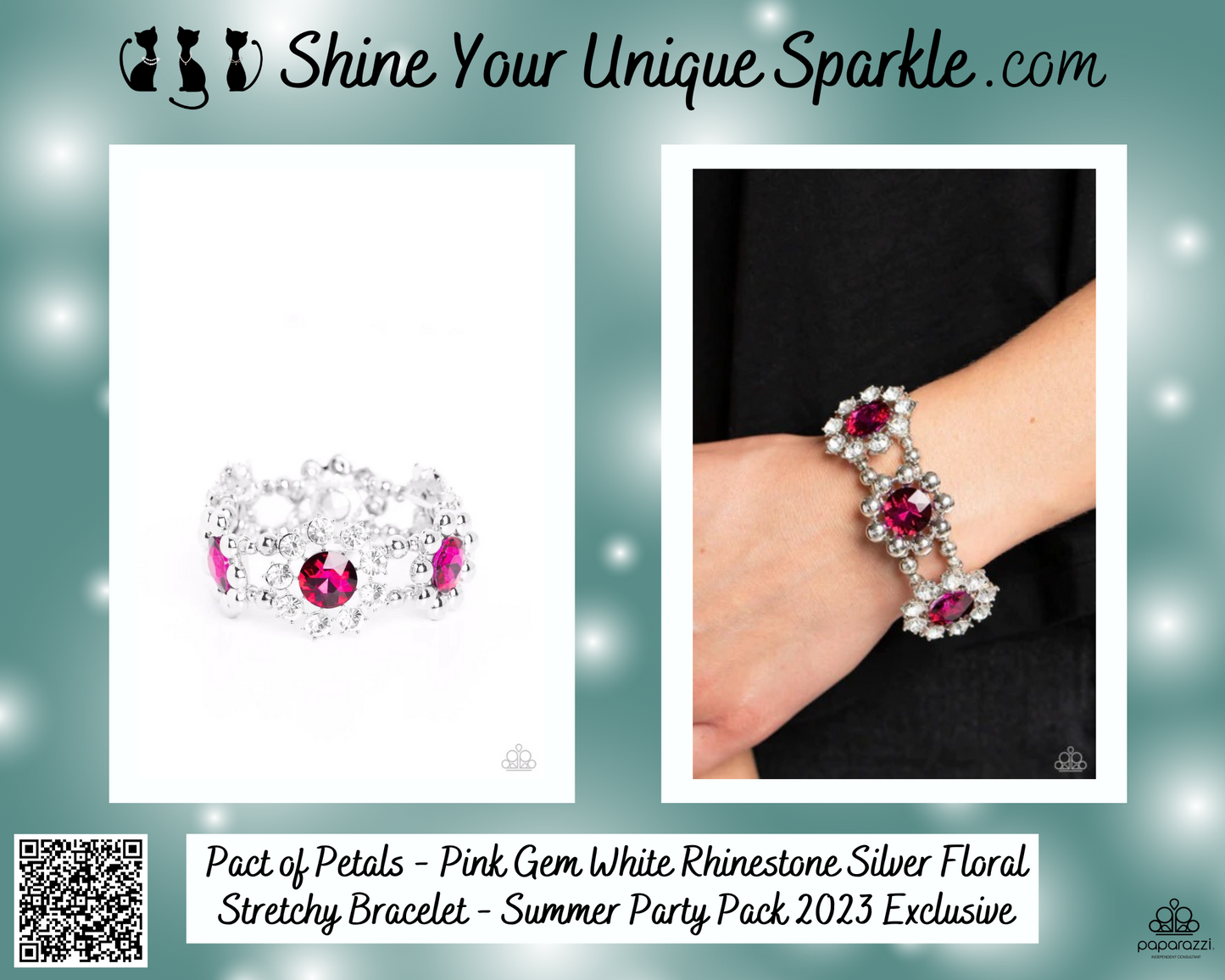 Pact of Petals - Pink Gem White Rhinestone Silver Floral Stretchy Bracelet - Summer Party Pack 2023 Exclusive