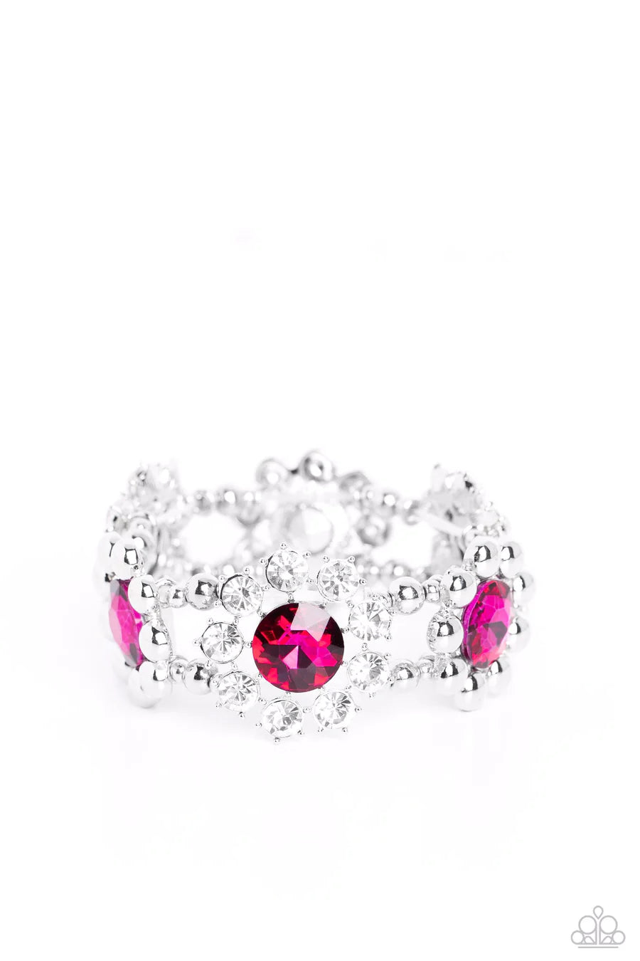 Pact of Petals - Pink Gem White Rhinestone Silver Floral Stretchy Bracelet - Summer Party Pack 2023 Exclusive