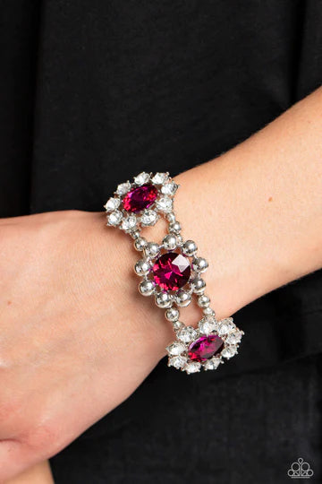 Pact of Petals - Pink Gem White Rhinestone Silver Floral Stretchy Bracelet - Summer Party Pack 2023 Exclusive