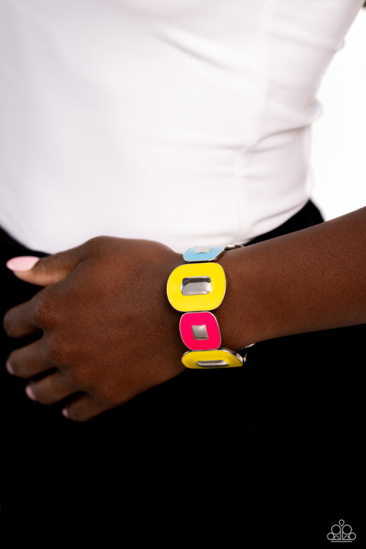 Painted Pairing - Yellow Pink Blue Square Silver Stretchy Bracelet