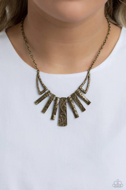 Paisley Pastime - Brass Floral Bar Fringe Short Necklace