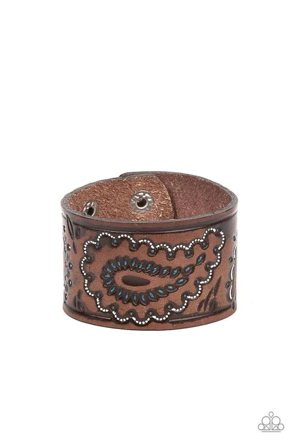 Paisley Pioneer - Blue and White Painted Brown Leather Wrap Bracelet