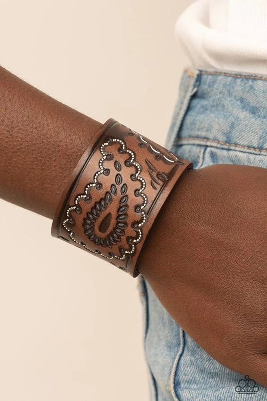 Paisley Pioneer - Blue and White Painted Brown Leather Wrap Bracelet
