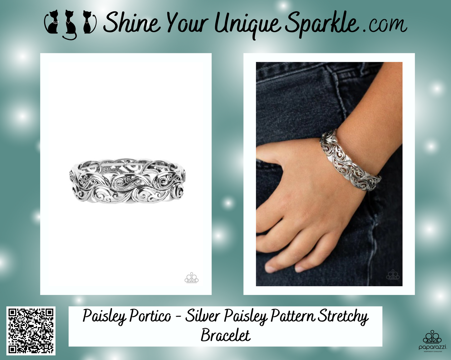 Paisley Portico - Silver Paisley Pattern Stretchy Bracelet