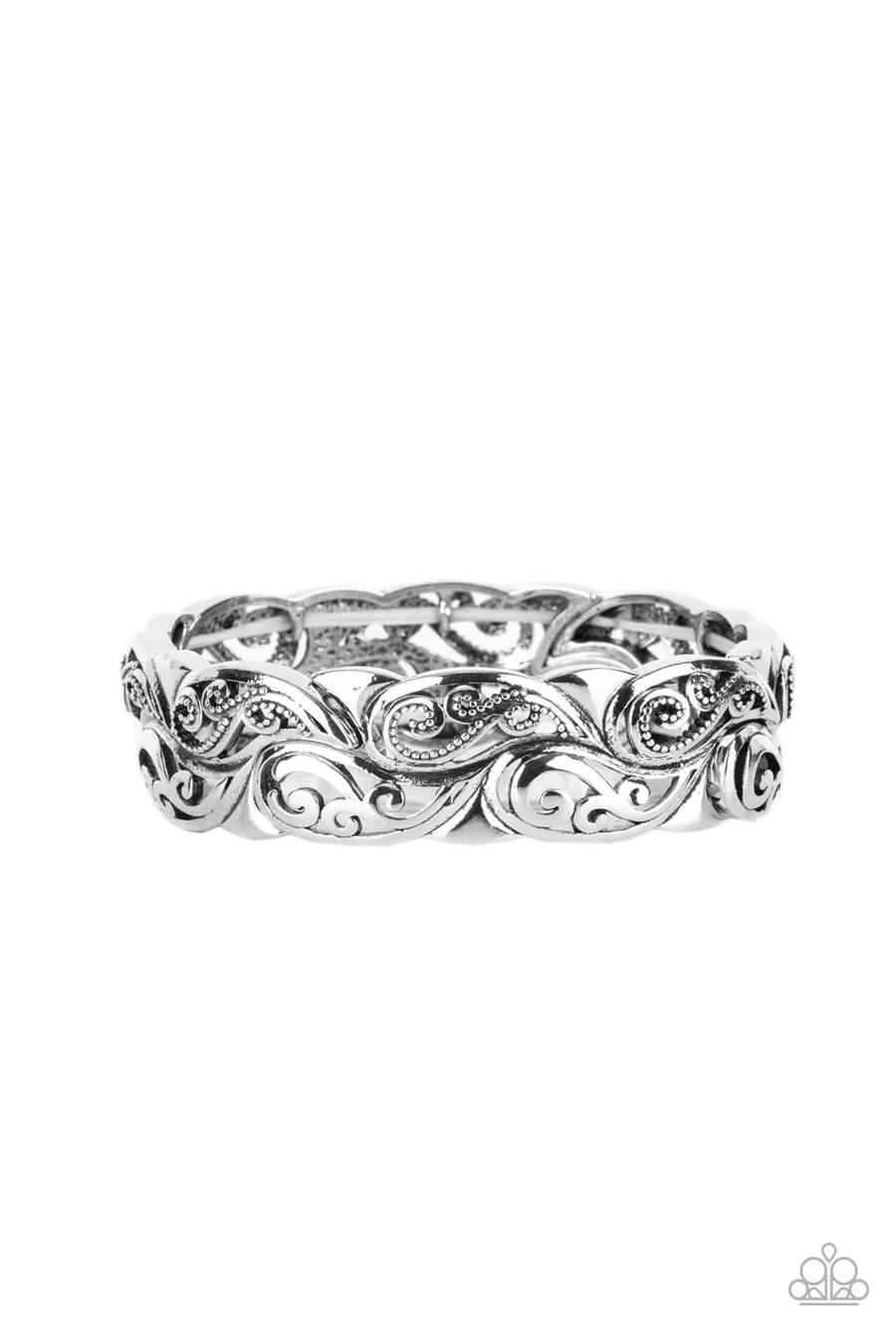 Paisley Portico - Silver Paisley Pattern Stretchy Bracelet