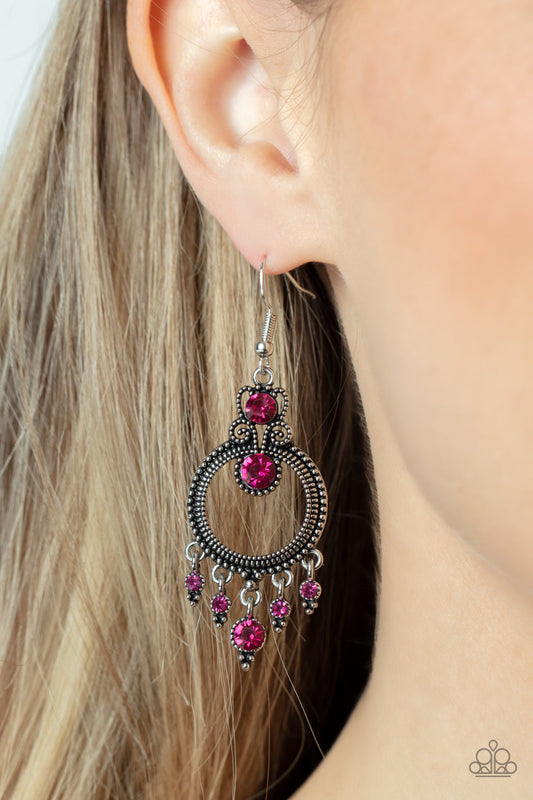 Palace Politics - Pink Rhinestone Silver Fishhook Earrings