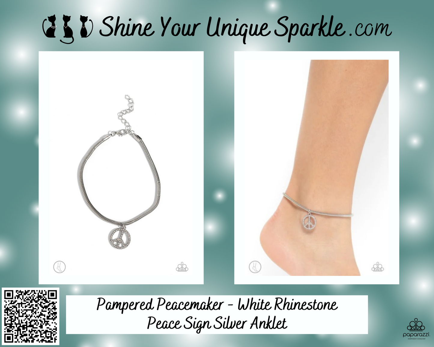 Pampered Peacemaker - White Rhinestone Peace Sign Silver Anklet