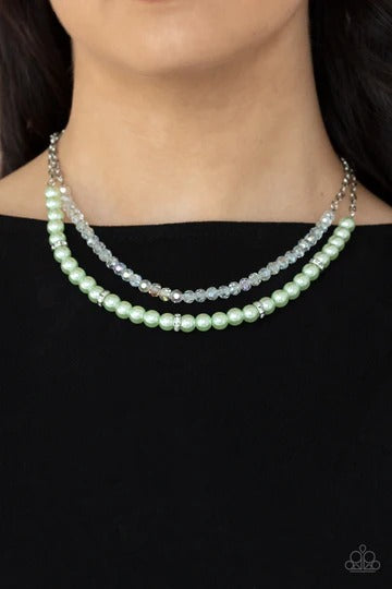 Parisian Princess - Green Pearl White Crystal Bead Layered Short Silver Necklace