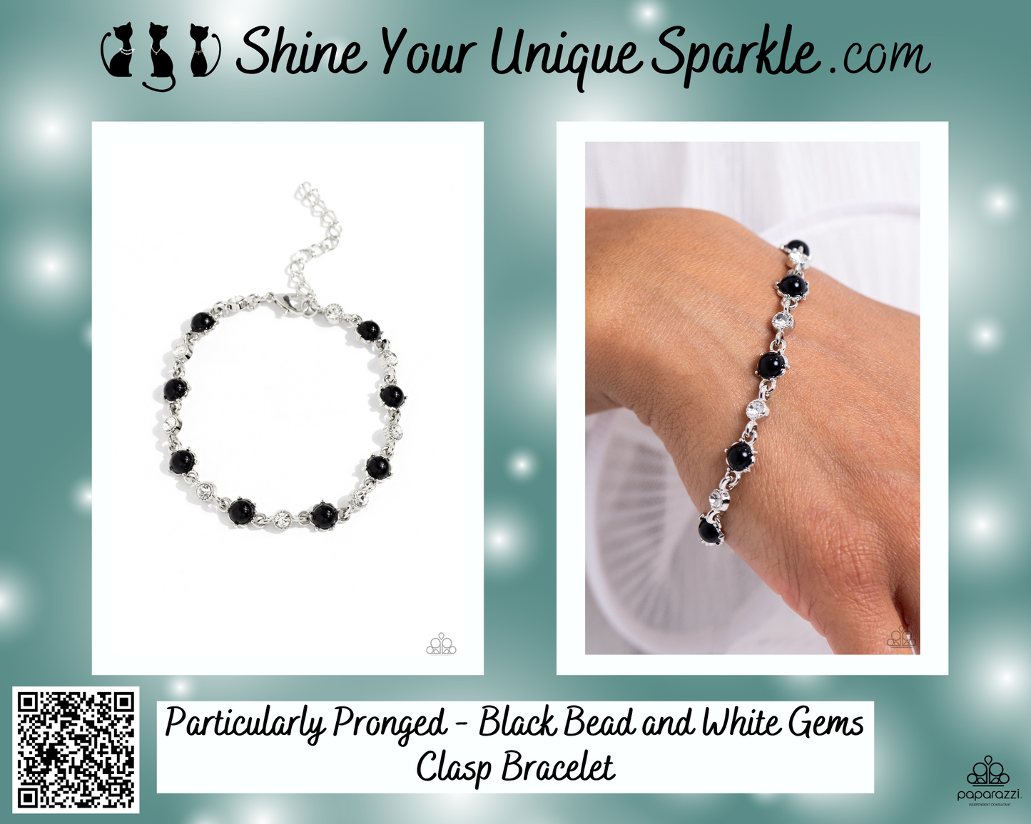 Particularly Pronged - Black Bead and White Gems Clasp Bracelet