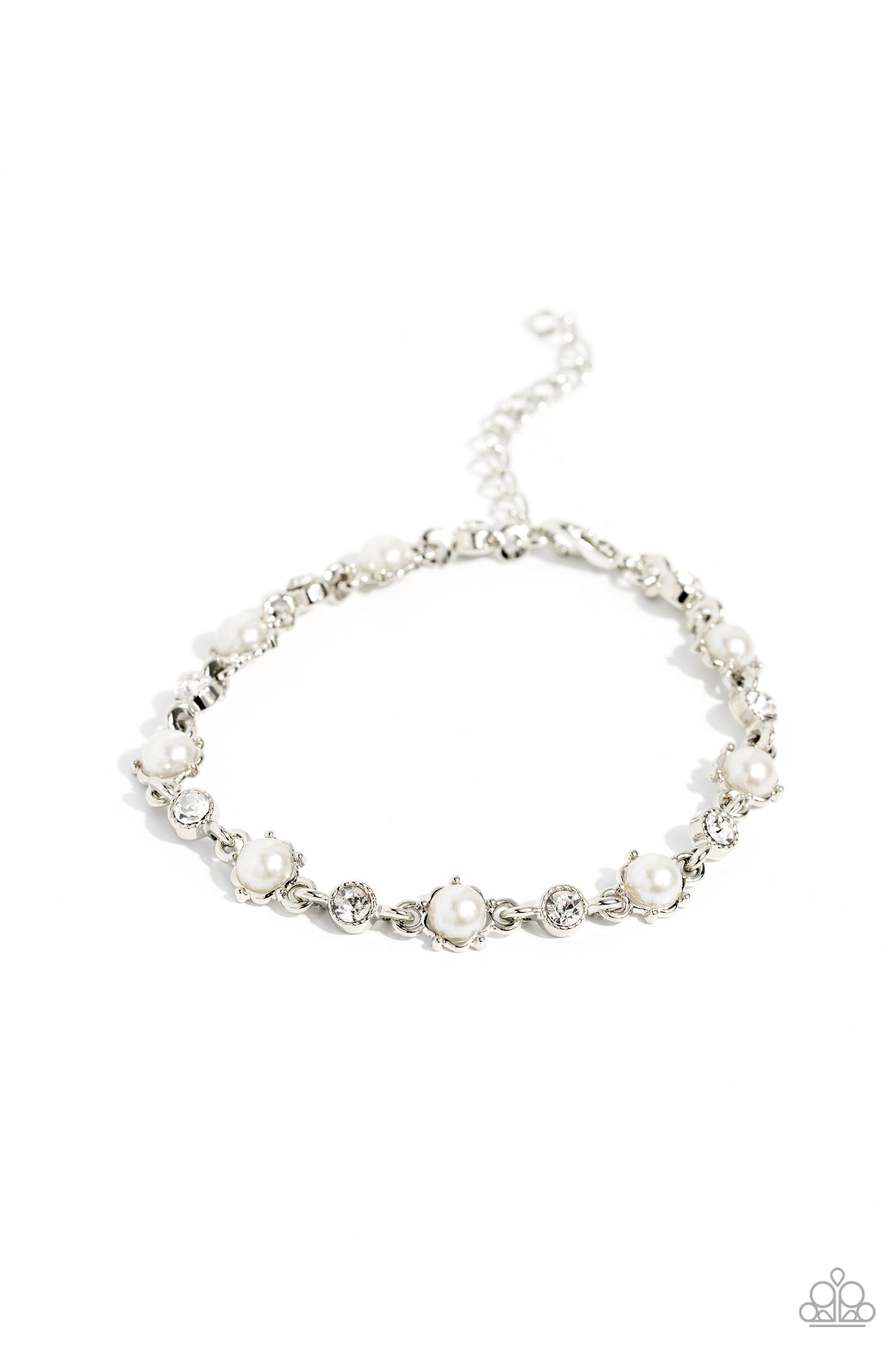 PERFECT MATCH / SET: Pronged Passion - White Pearl Rhinestone Silver Short Necklace AND Particularly Pronged - White Pearl Rhinestone Silver Clasp Bracelet