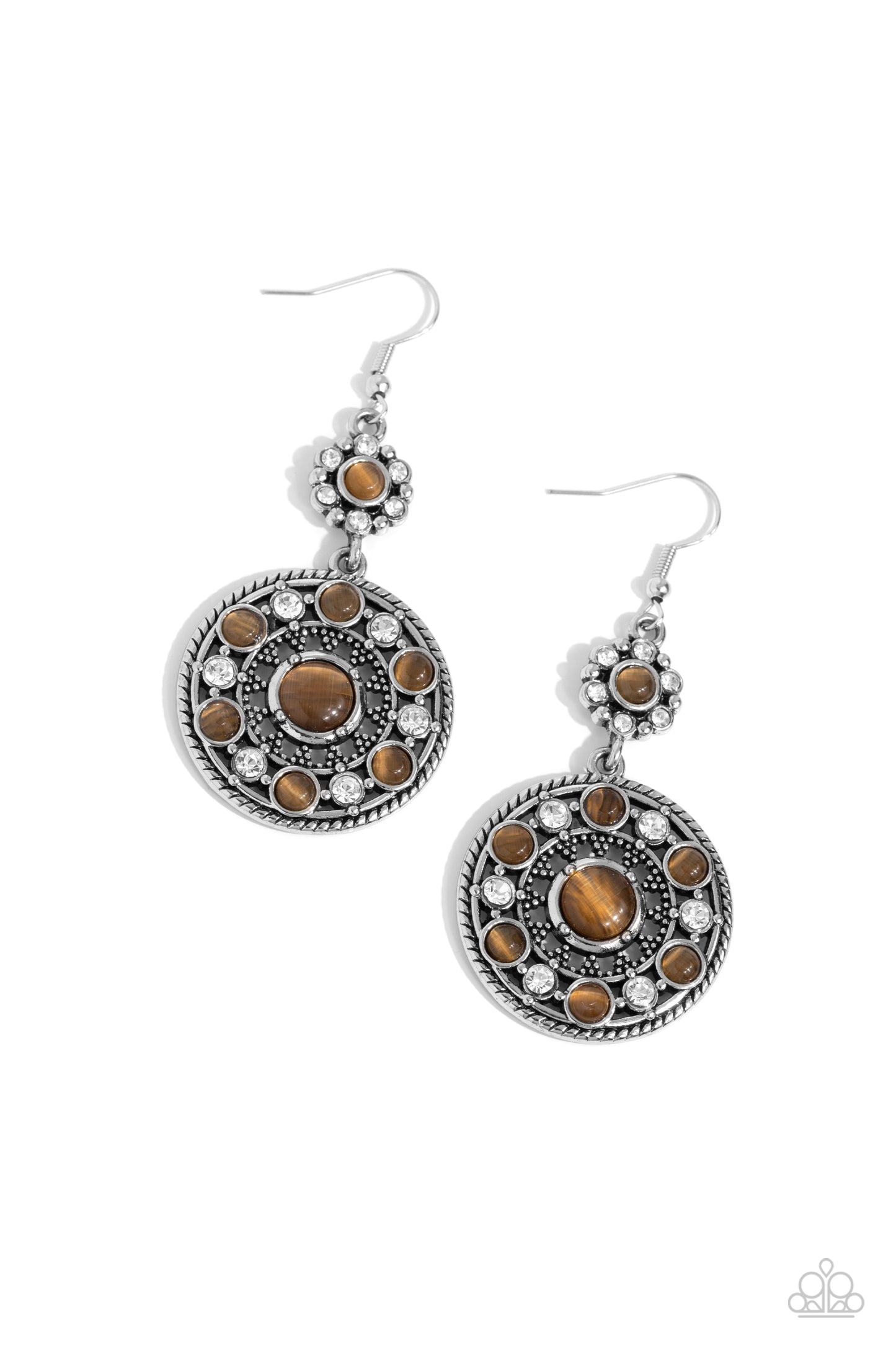 Party at My PALACE - Brown Cat's Eye Silver Circle Fishhook Earrings