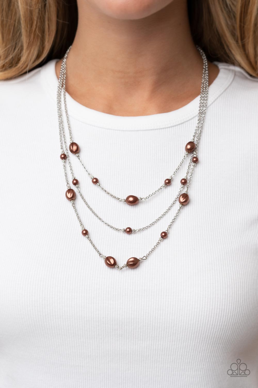 Pearlicious Pop - Brown Pearl Silver Layered Medium Length Necklace