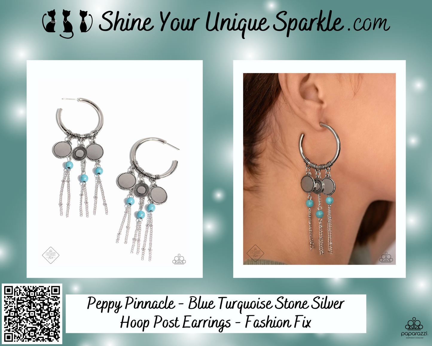 Peppy Pinnacle - Blue Turquoise Stone Silver Hoop Post Earrings - Fashion Fix