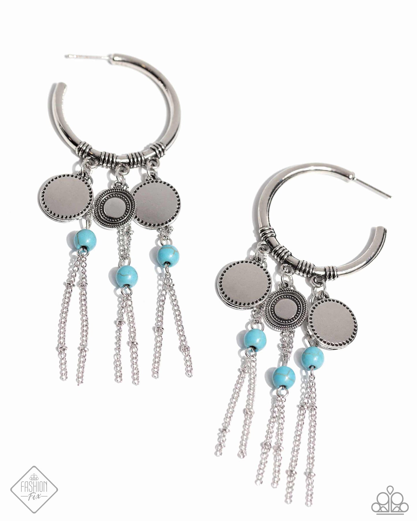 Peppy Pinnacle - Blue Turquoise Stone Silver Hoop Post Earrings - Fashion Fix