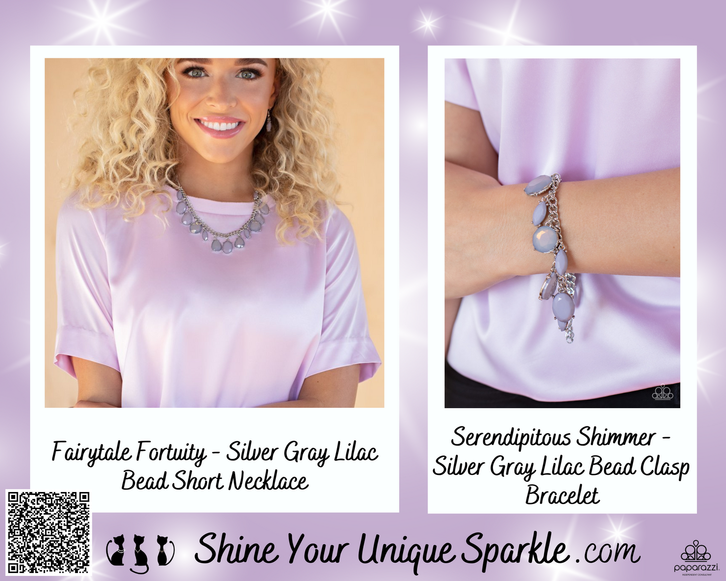 PERFECT MATCH / SET: Fairytale Fortuity - Silver Gray Lilac Bead Short Necklace AND Serendipitous Shimmer - Silver Gray Lilac Bead Clasp Bracelet