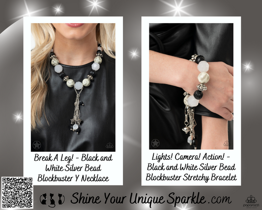 PERFECT MATCH / SET: Break A Leg! - Black and White Silver Bead Blockbuster Y Necklace and Lights! Camera! Action! - Black and White Silver Bead Blockbuster Stretchy Bracelet