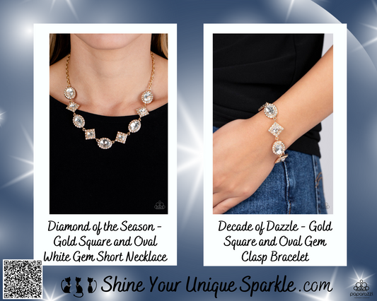 PERFECT MATCH / SET: Diamond of the Season - Gold Square and Oval White Gem Short Necklace AND Decade of Dazzle - Gold Square and Oval Gem Clasp Bracelet