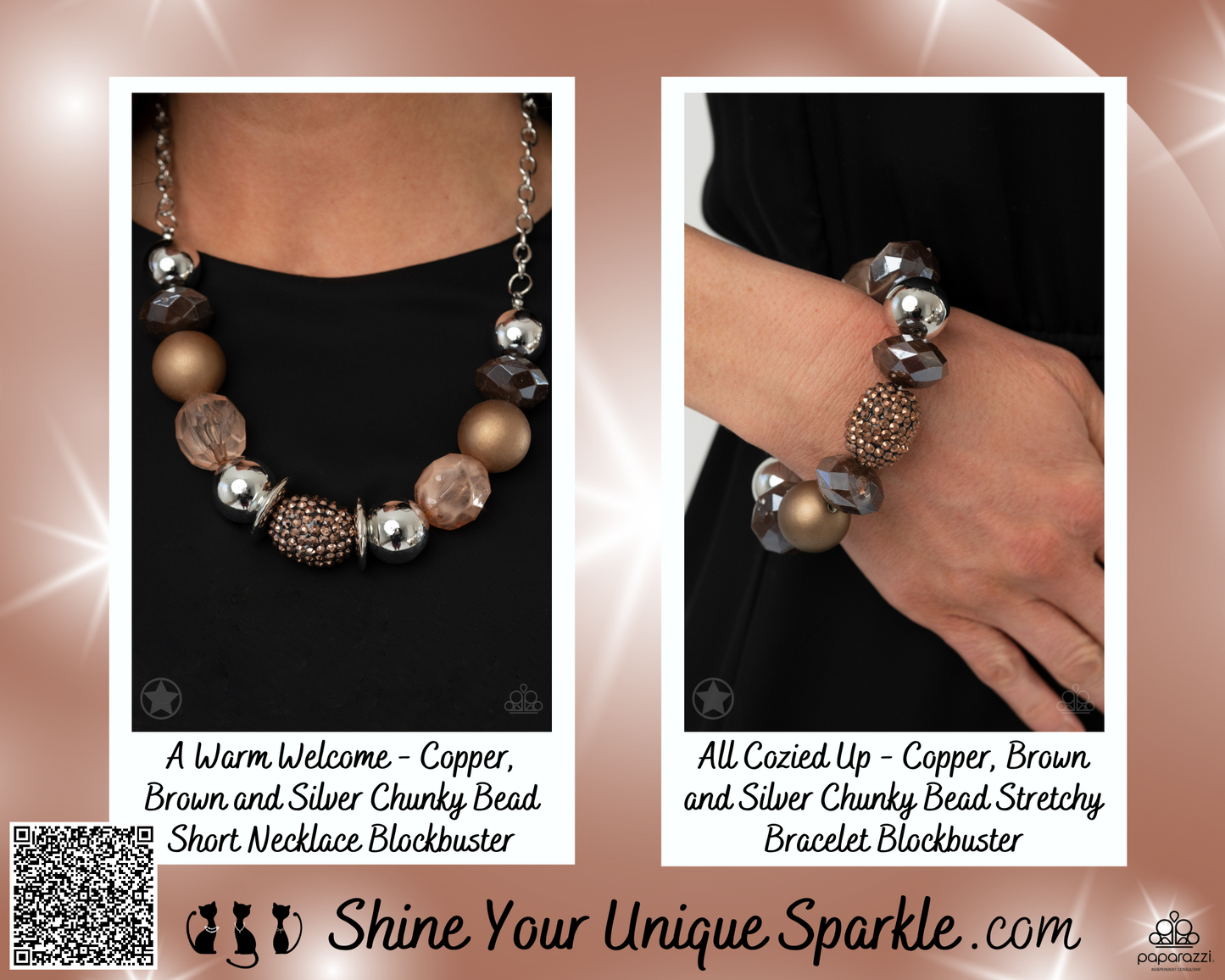 PERFECT MATCH / SET: A Warm Welcome - Copper, Brown and Silver Chunky Bead Short Necklace Blockbuster AND All Cozied Up - Copper, Brown and Silver Chunky Bead Stretchy Bracelet Blockbuster