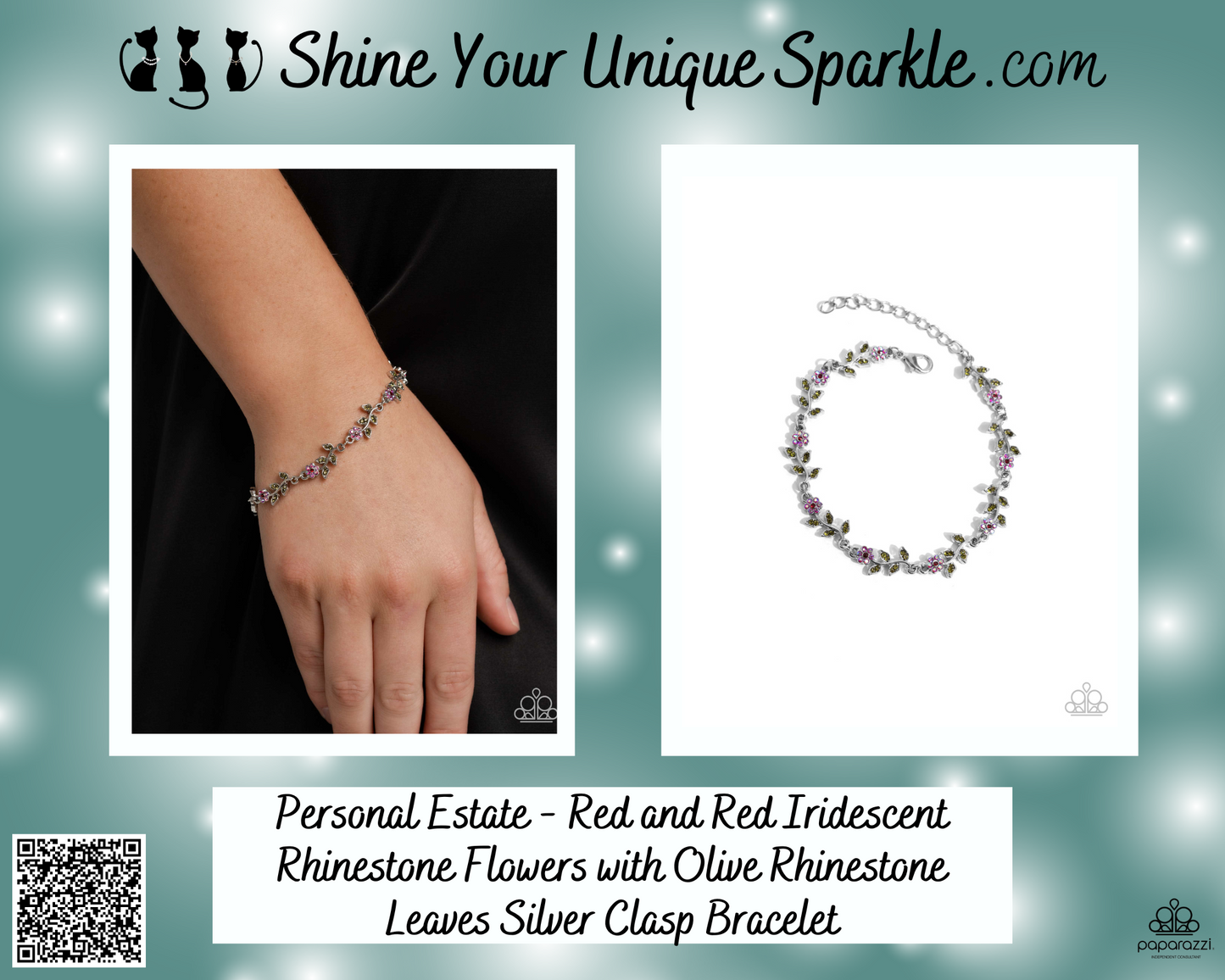 Personal Estate - Red and Red Iridescent Rhinestone Flowers with Olive Rhinestone Leaves Silver Clasp Bracelet