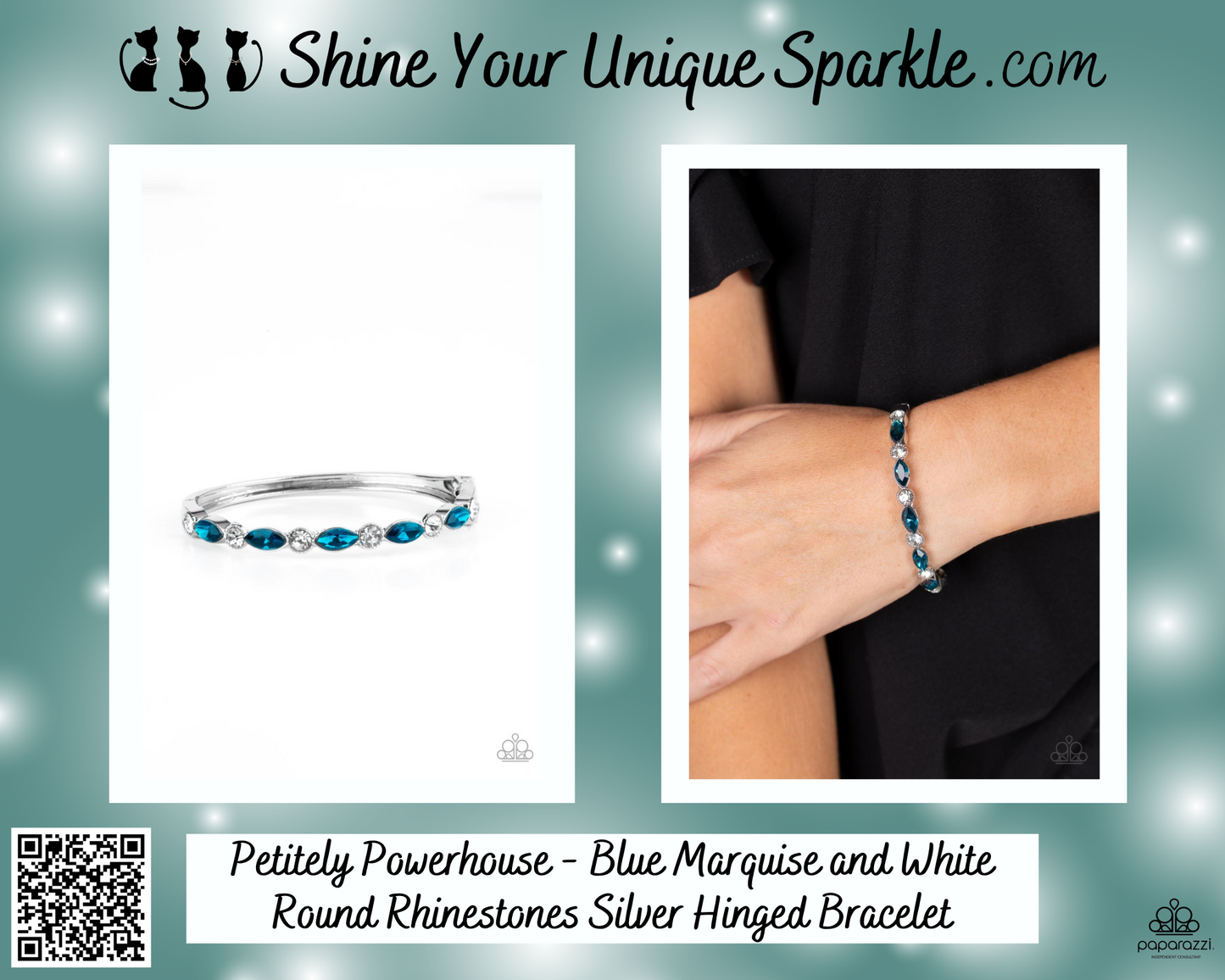 Petitely Powerhouse - Blue Marquise and White Round Rhinestones Silver Hinged Bracelet