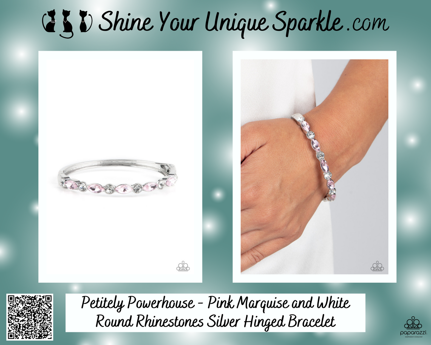 Petitely Powerhouse - Pink Marquise and White Round Rhinestones Silver Hinged Bracelet