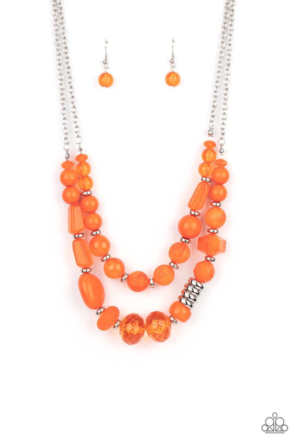 Pina Colada Paradise - Orange Bead Silver Short Layered Necklace