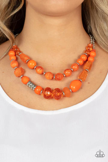 Pina Colada Paradise - Orange Bead Silver Short Layered Necklace