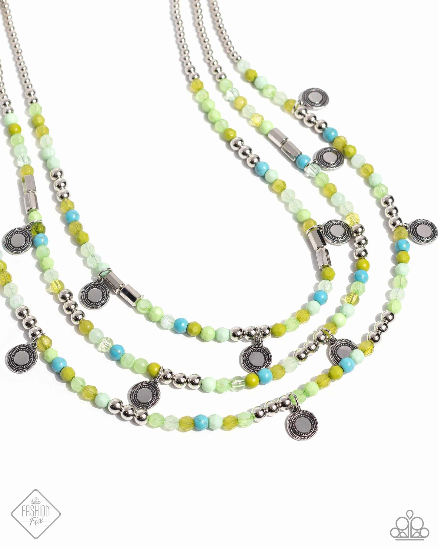 Piquant Pattern - Green and Blue Bead Silver Accent Layered Short Necklace - Fashion Fix