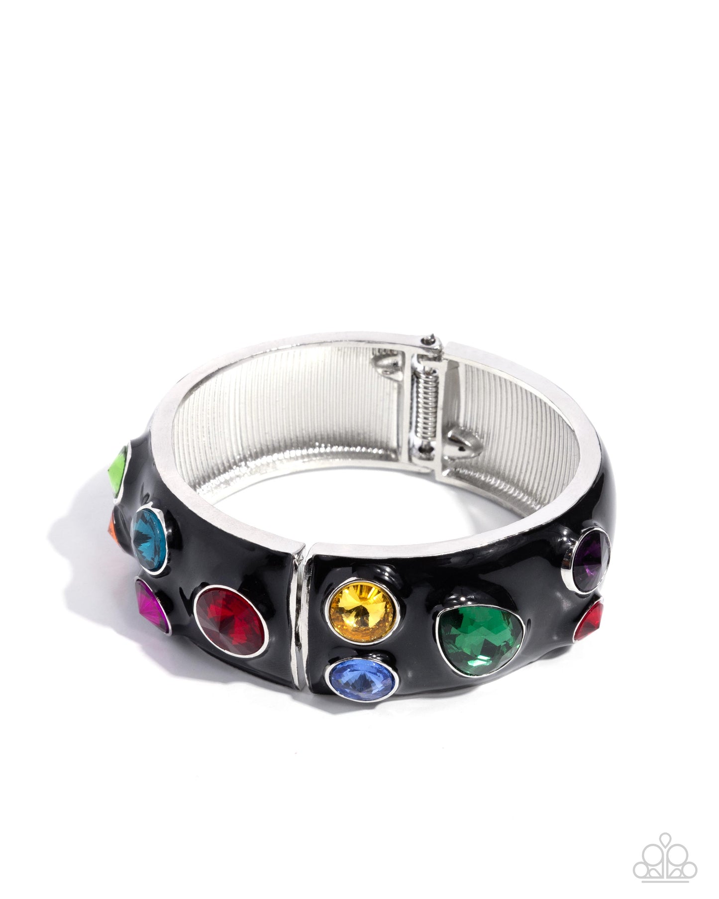 Planned Polka Dots - Multi Color Gem Black Enamel Silver Hinge Bracelet - Life of the Party