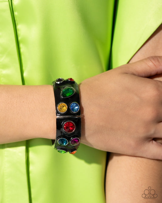 Planned Polka Dots - Multi Color Gem Black Enamel Silver Hinge Bracelet - Life of the Party