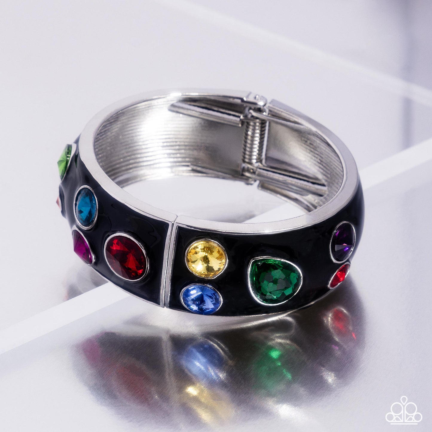 Planned Polka Dots - Multi Color Gem Black Enamel Silver Hinge Bracelet - Life of the Party