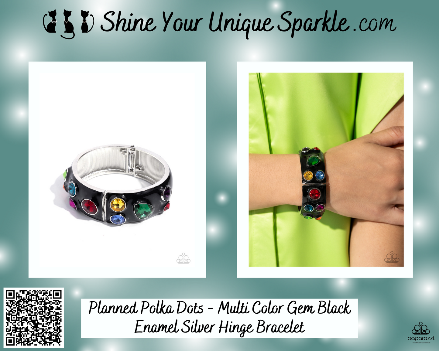 Planned Polka Dots - Multi Color Gem Black Enamel Silver Hinge Bracelet - Life of the Party