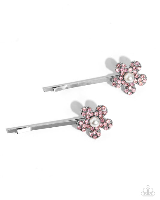 Playfully Perennial - Pink Rhinestone White Pearl Silver Flower Hair Clips