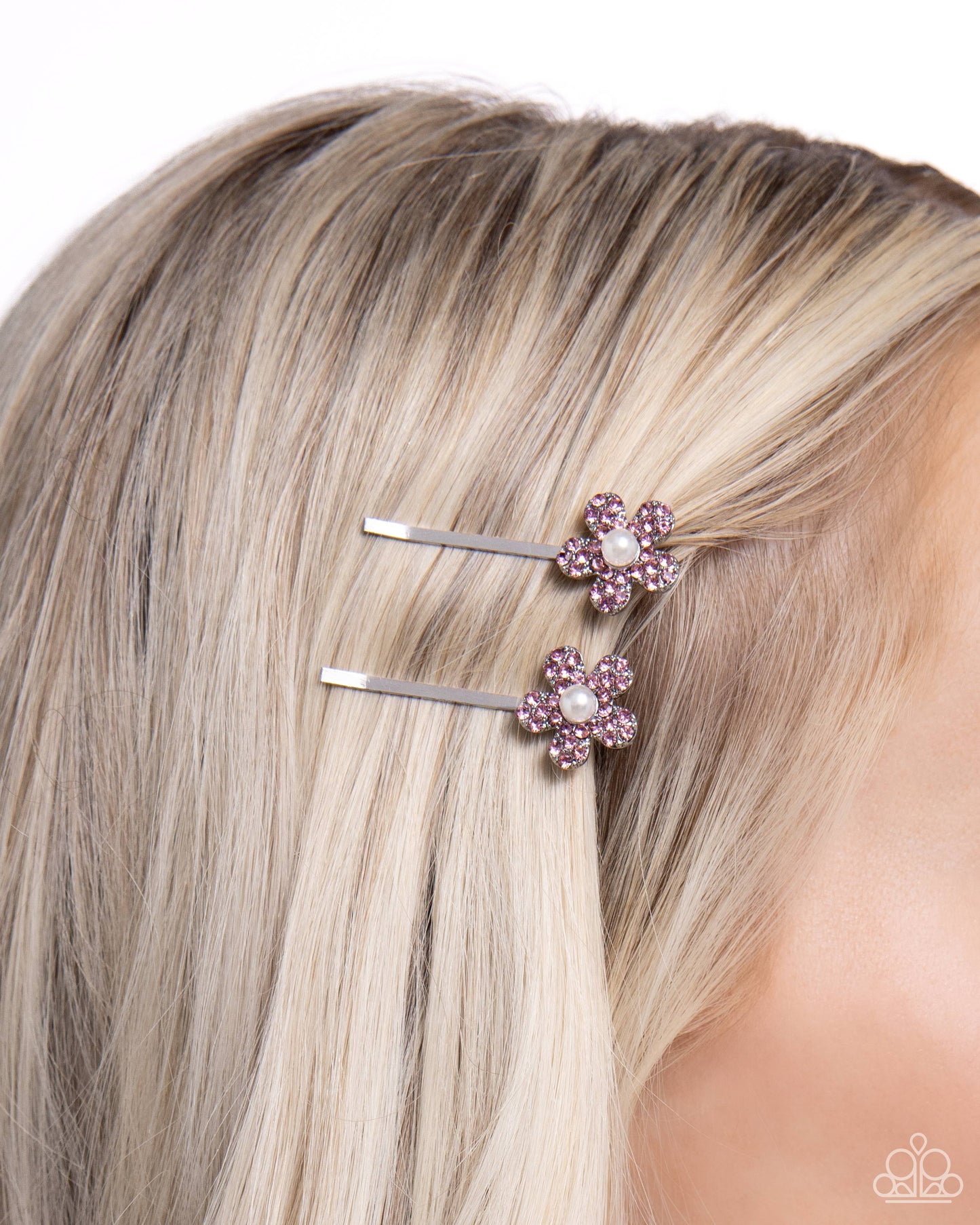 Playfully Perennial - Pink Rhinestone White Pearl Silver Flower Hair Clips