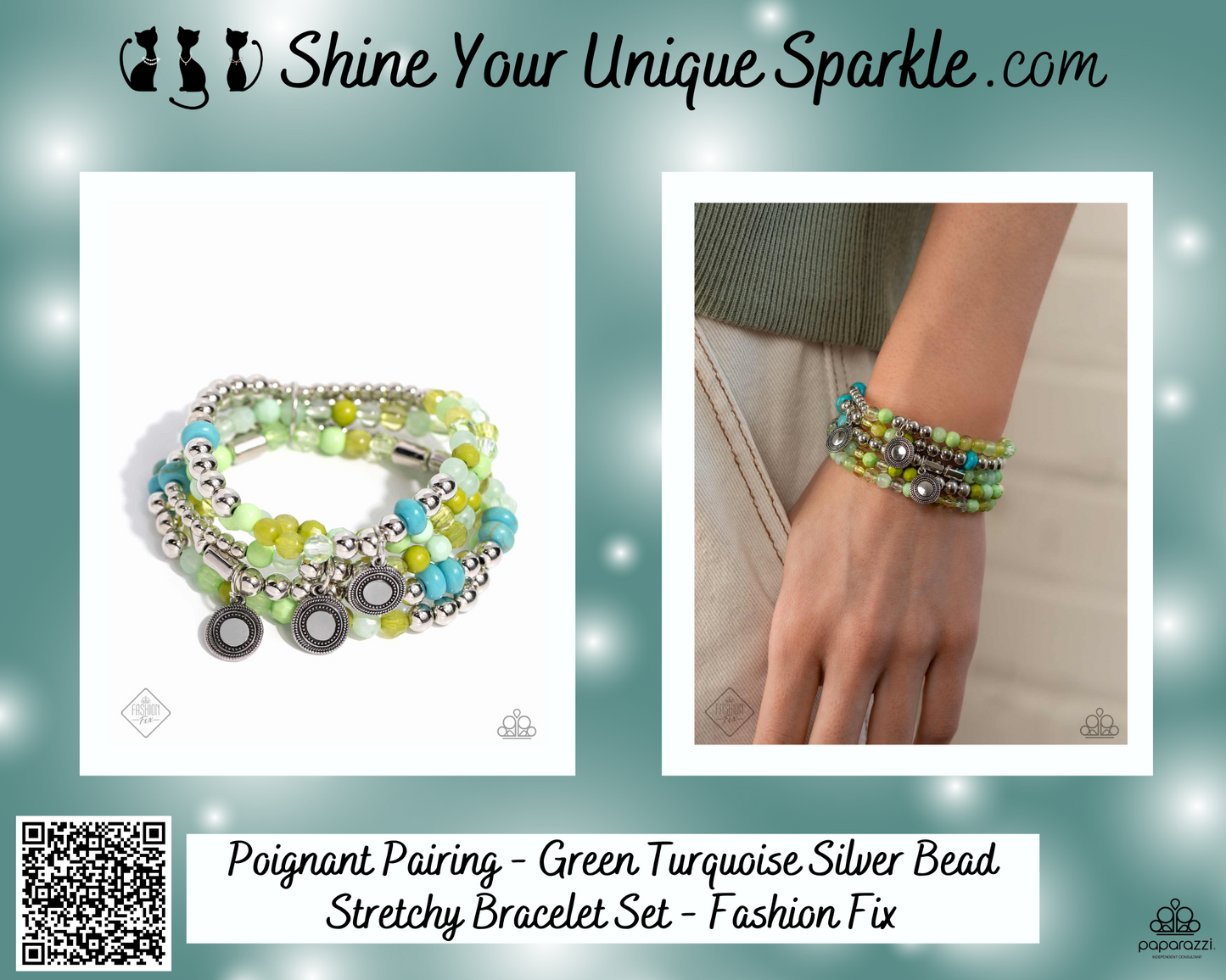 Poignant Pairing - Green Turquoise Silver Bead Stretchy Bracelet Set - Fashion Fix