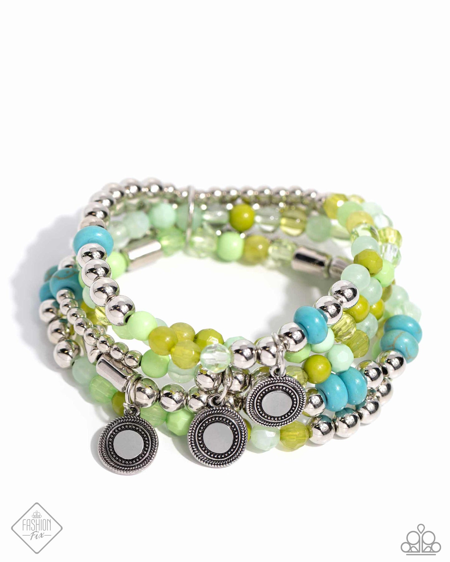 Poignant Pairing - Green Turquoise Silver Bead Stretchy Bracelet Set - Fashion Fix