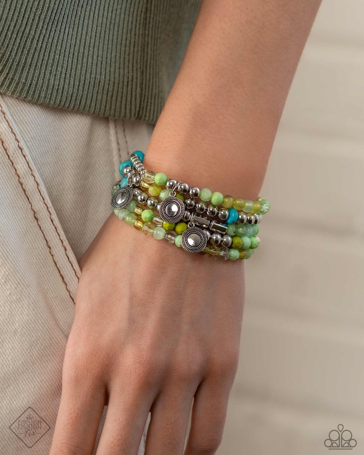 Poignant Pairing - Green Turquoise Silver Bead Stretchy Bracelet Set - Fashion Fix