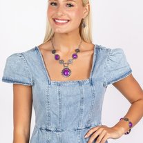 PERFECT MATCH / SET: Poppy Persuasion - Purple Bead Silver Floral Short Neckace AND Positively Poppy - Purple Bead Silver Floral Clasp Bracelet