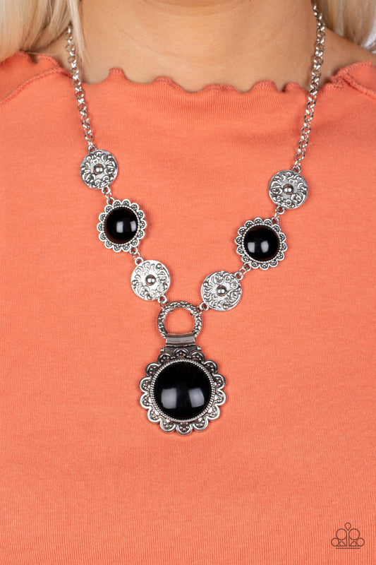 Poppy Persuasion - Black Bead Silver Floral Short Neckace