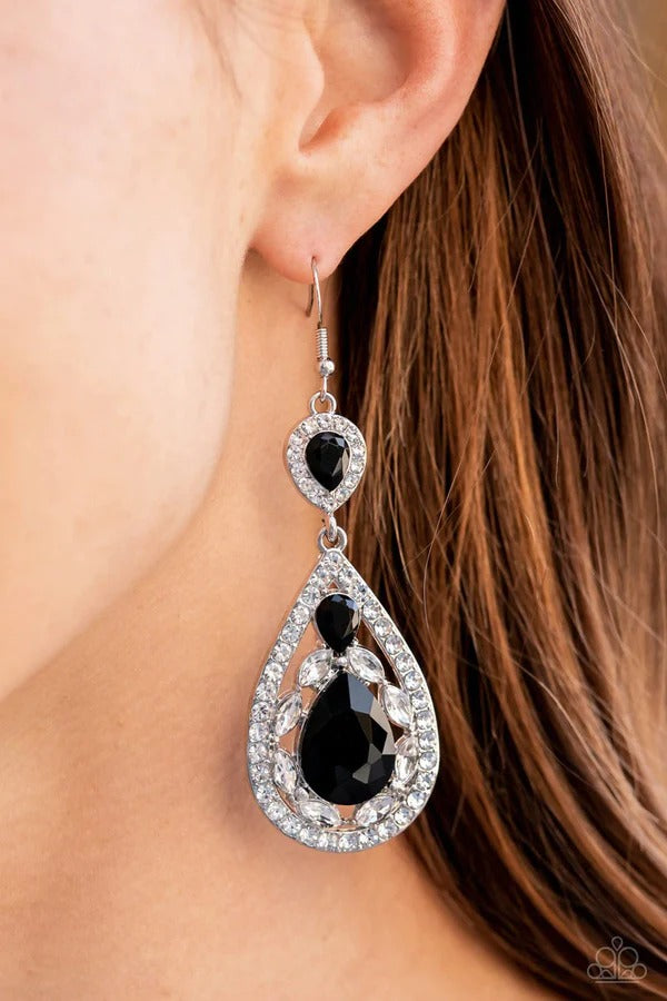 Posh Pagentry - Black Gem White Rhinestone Silver Fishhook Earrings - Life of the Party Exclusive